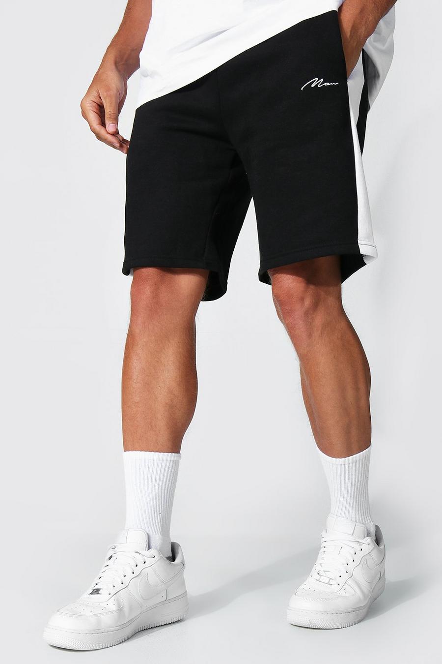 Black Loose Fit Mid Length Man Panel Jersey Shorts image number 1