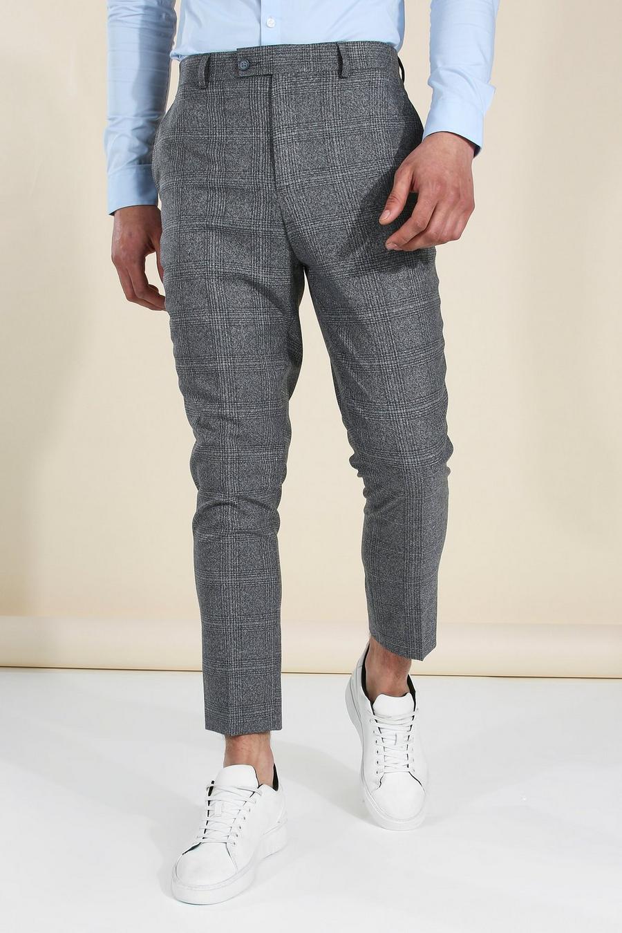 Grey Tapered Check Crop Trousers image number 1