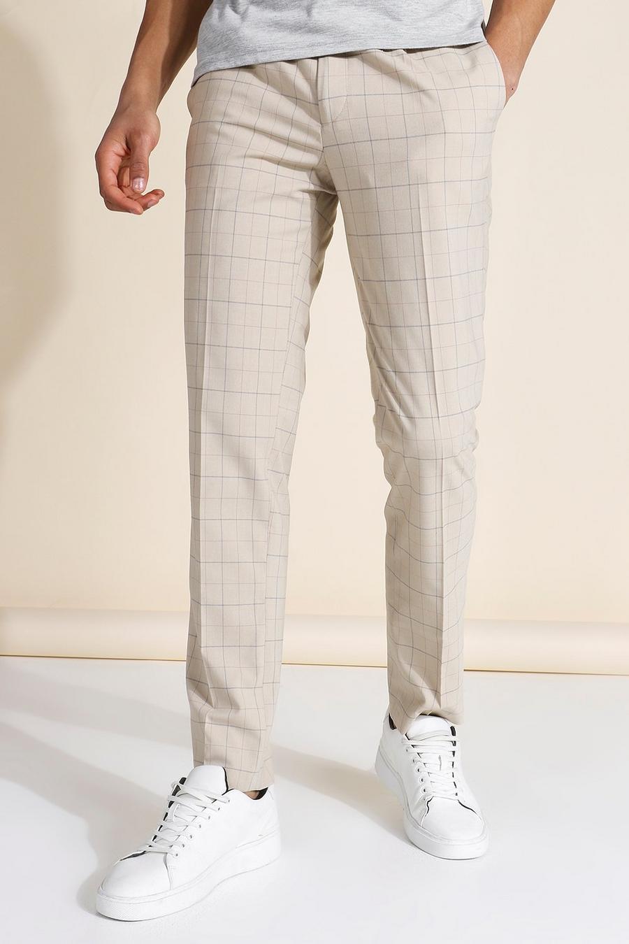 Pantaloni slim a quadri beige con pieghe sul davanti image number 1