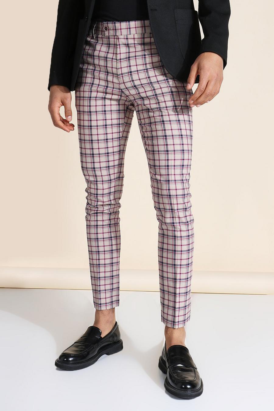 מכנסי סופר סקיני בצבע בז' עם הדפס משבצות image number 1