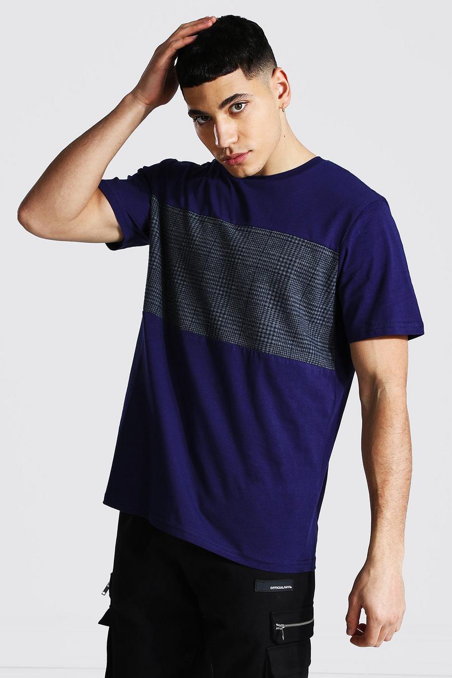Navy Jacquard Check Contrast Panel T-shirt image number 1