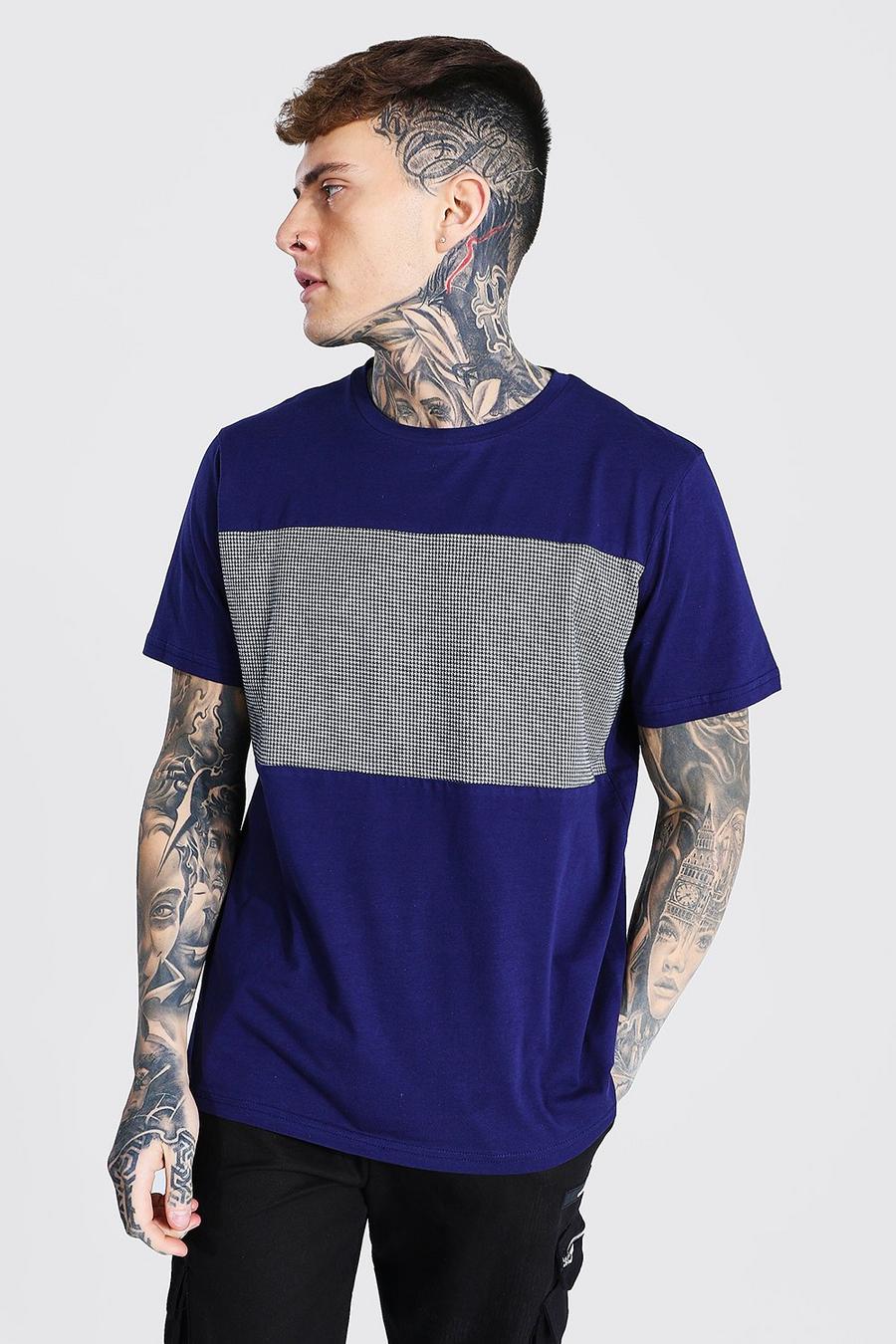 Jacquard-T-Shirt mit Hahnentrittmuster und Kontrasteinsatz, Marineblau image number 1