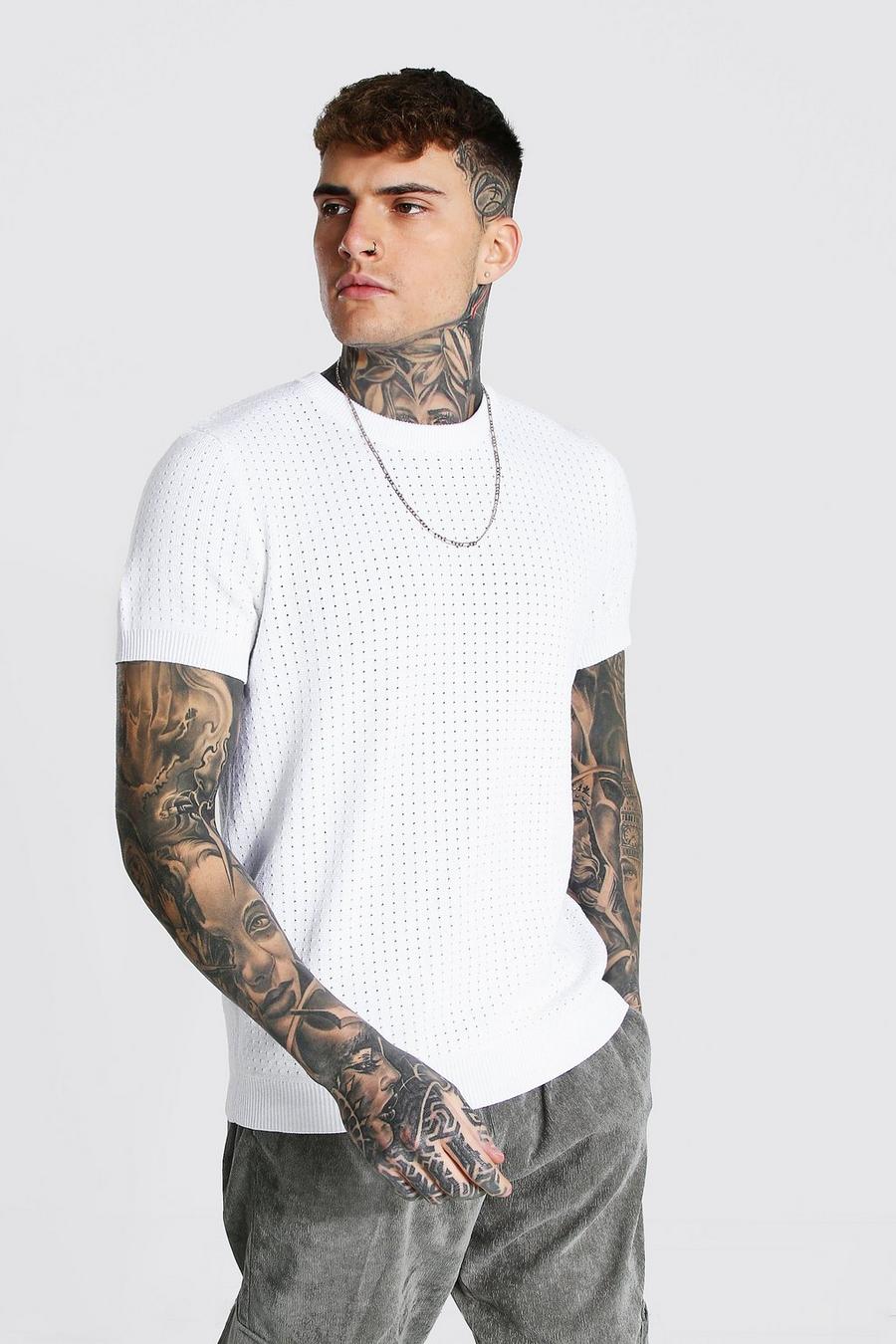 White Short Sleeve Textured Knitted T-shirt image number 1