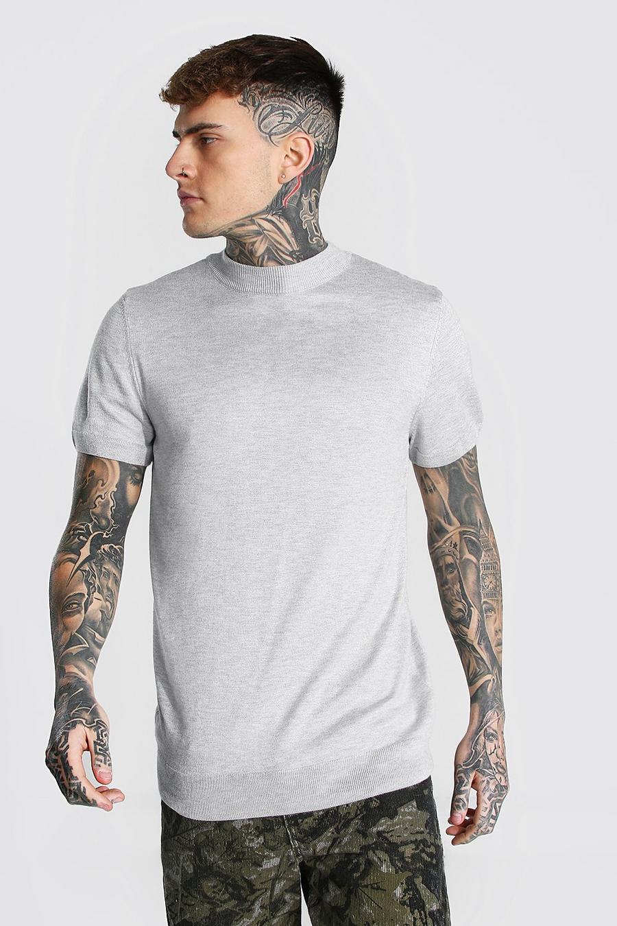 Grey marl Short Sleeve Turtle Neck Knitted T-shirt image number 1