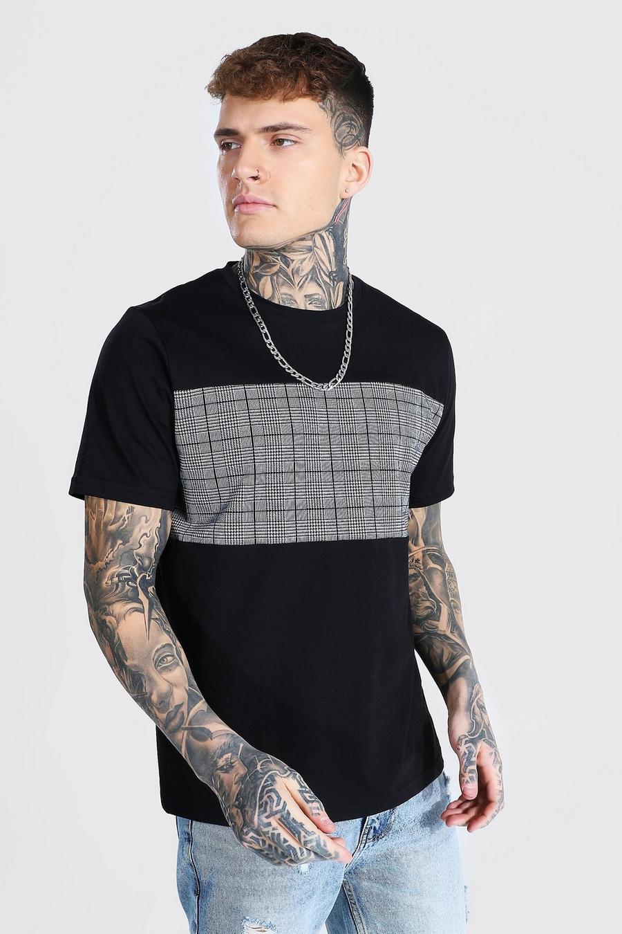 Black Jacquard Geruit T-Shirt Met Contrasterend Paneel image number 1