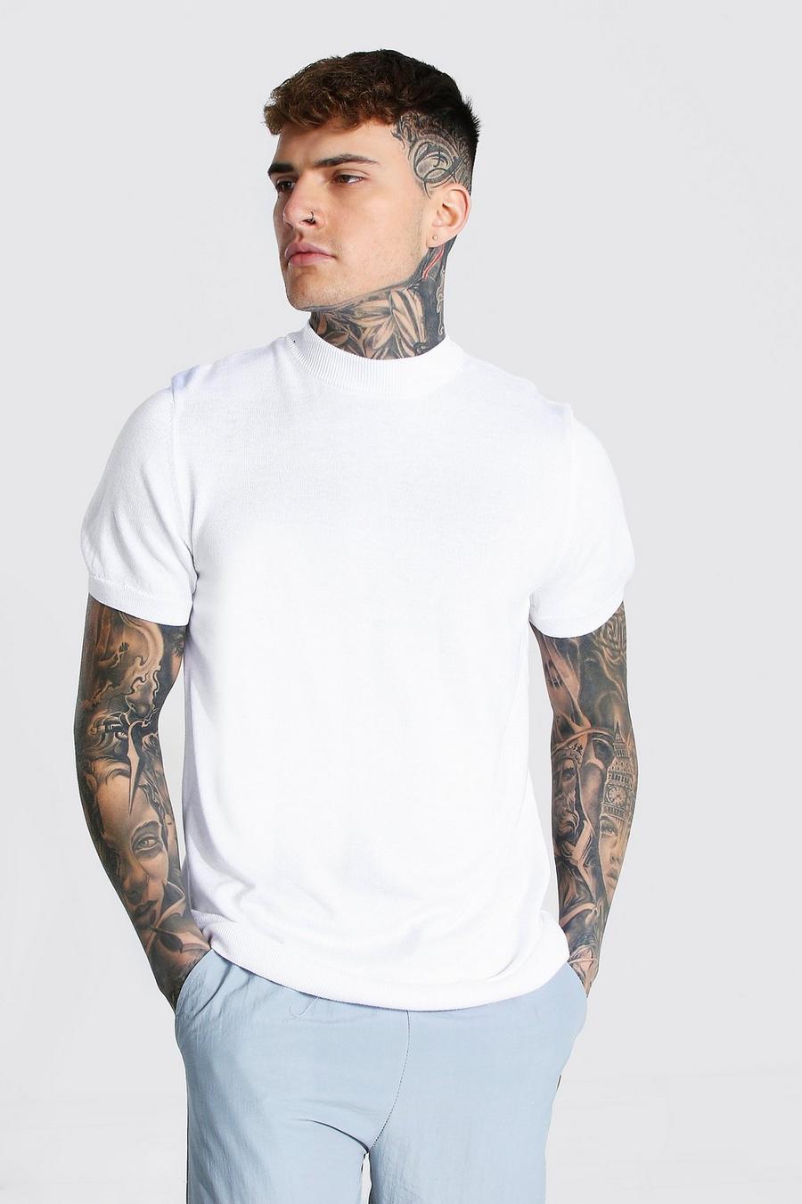 White Gebreid T-Shirt Met Korte Mouwen En Col image number 1