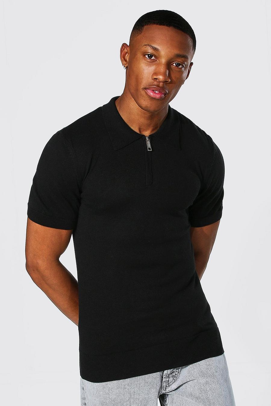 Black Short Sleeve Muscle Fit Half Zip Knitted Polo image number 1