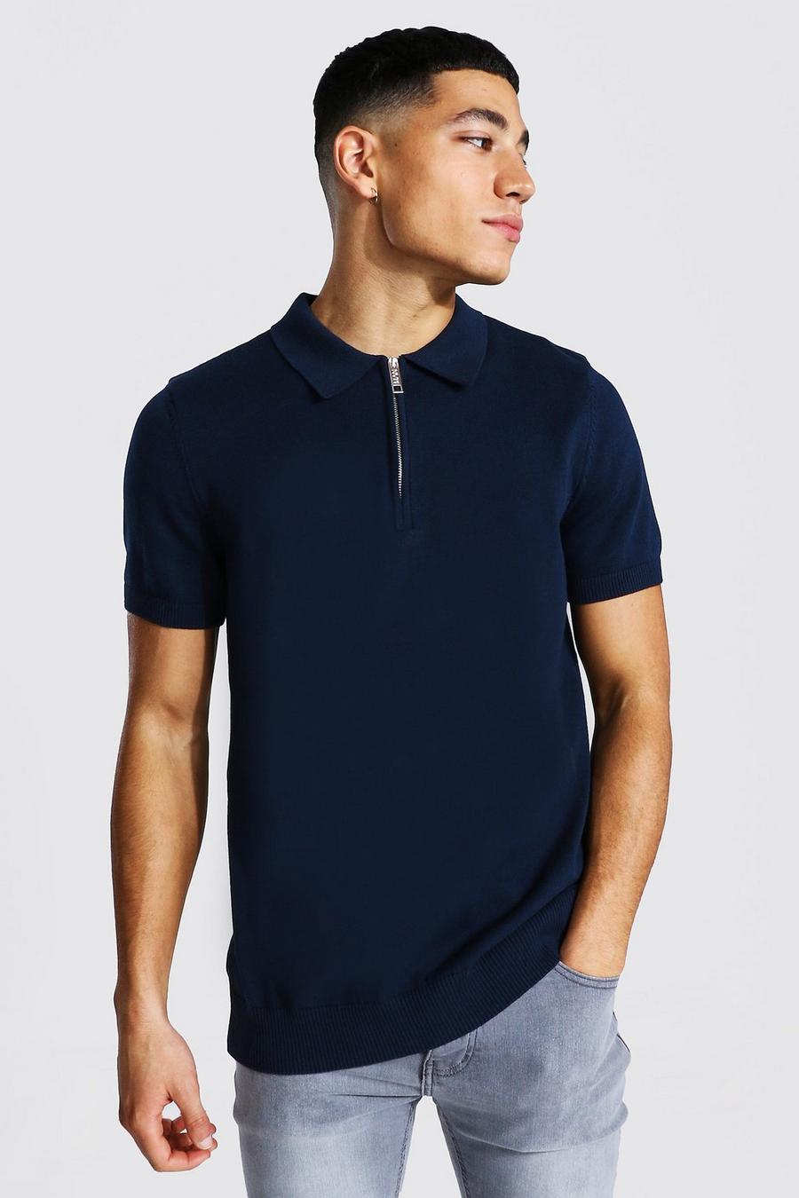 Kurzärmliges Regular Fit Poloshirt aus Strick mit kurzem Reißverschluss, Marineblau image number 1