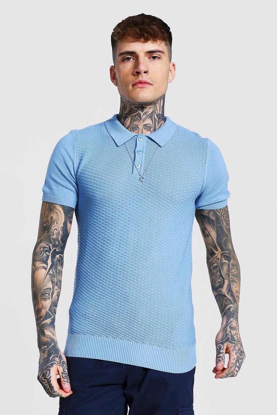 כחול מאובק חולצת פולו ארוגה בגזרה צמודה עם טקסטורה ושרוולים קצרים image number 1