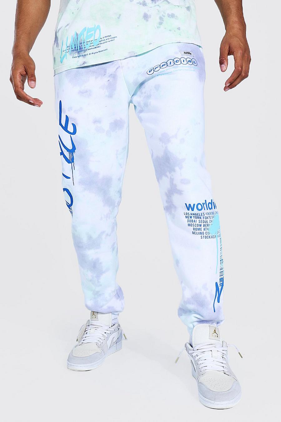 Pantaloni tuta regular effetto tie-dye con stampa di graffiti e scritta MAN, Lilla image number 1