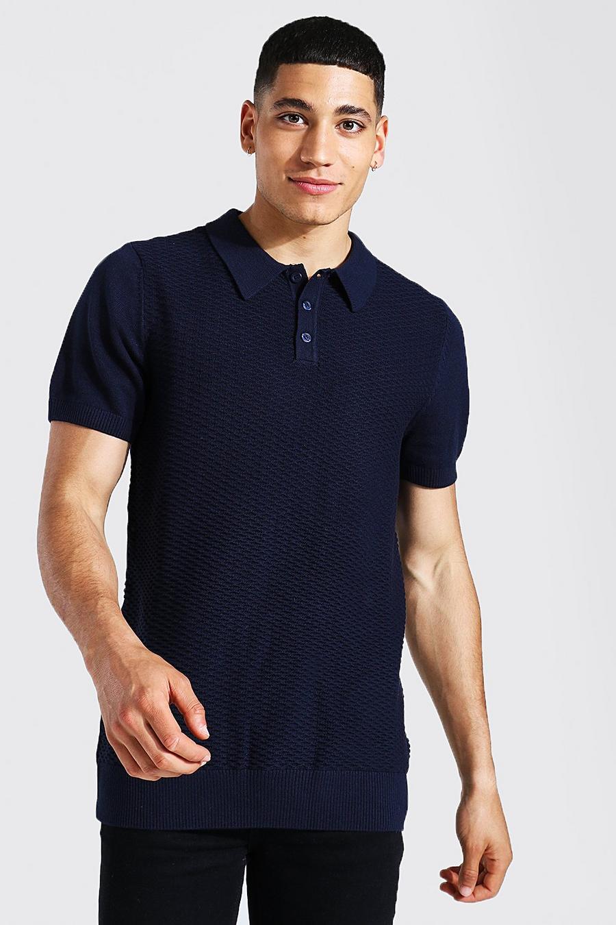 Navy Short Sleeve Regular Fit Textured Knit Polo image number 1