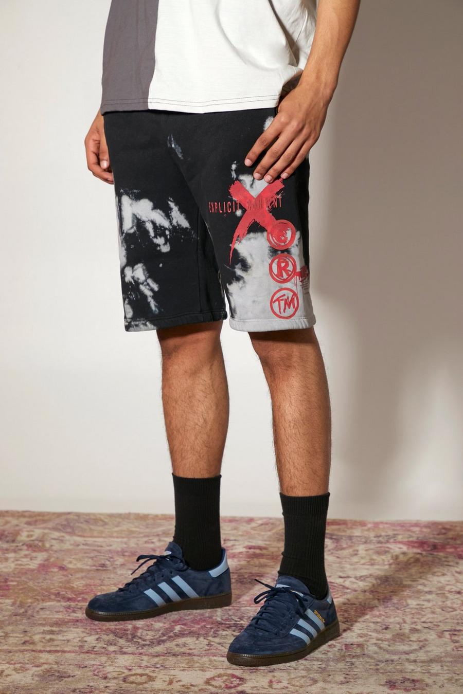 Pantaloncini regular in jersey effetto tie-dye con stampa di graffiti, Grigio image number 1