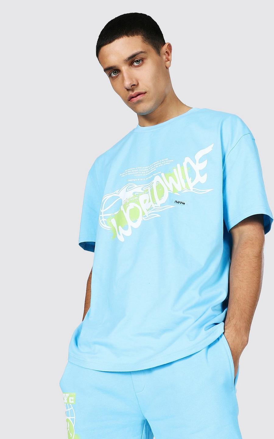 Blue Worldwide Oversize t-shirt med graffititryck image number 1