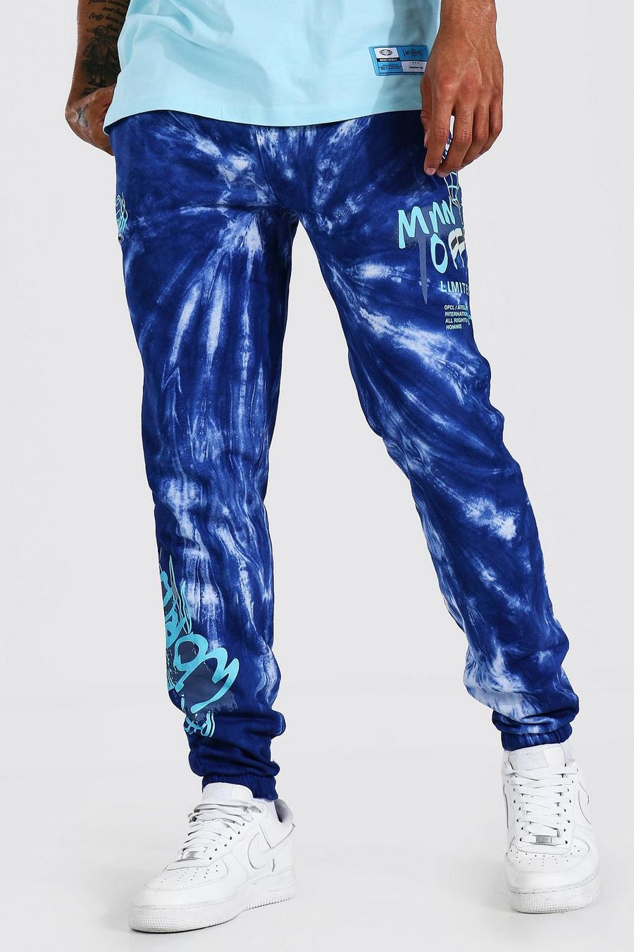 Pantaloni tuta regular effetto tie-dye con scritta Worldwide in stile graffiti, Blu oltremare image number 1