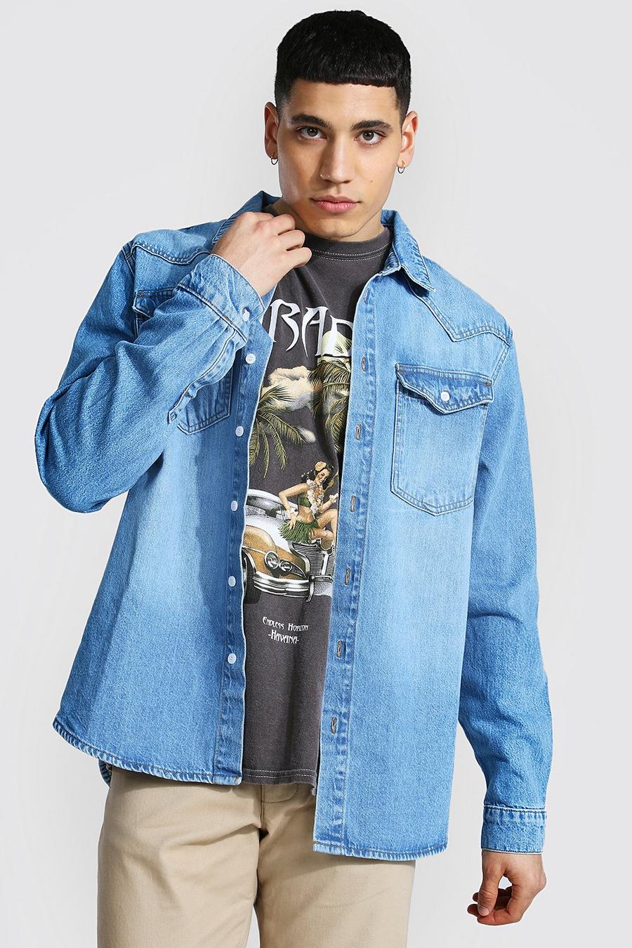 Mid blue Långärmad jeansskjorta i westernstil image number 1