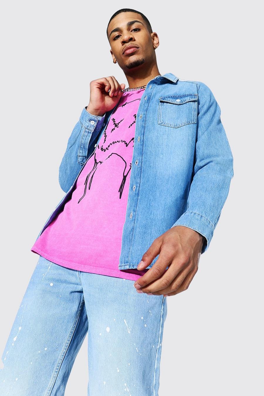 Camisa de estilo vaquero con manga raglán estándar, Azul medio image number 1