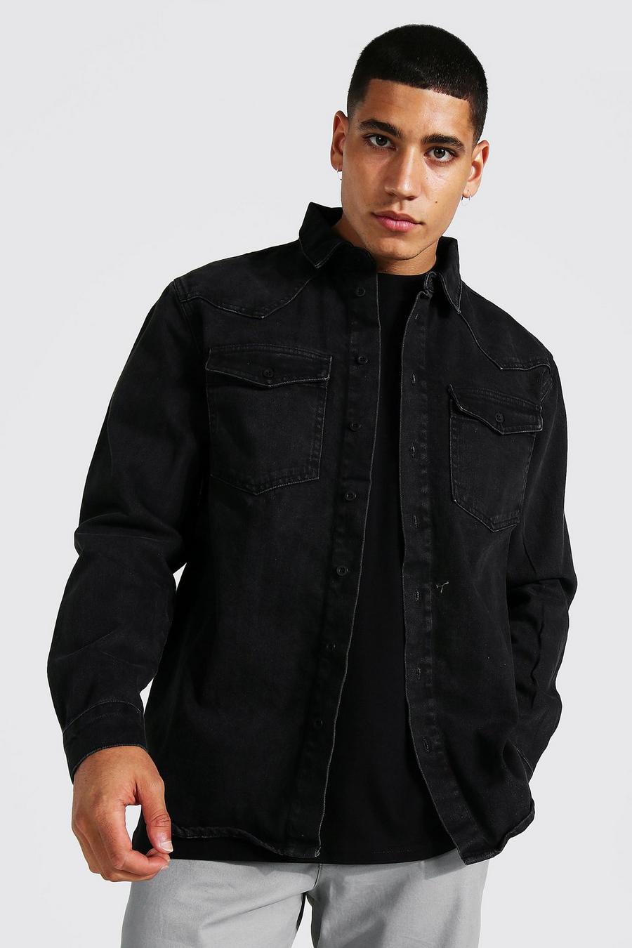 Langärmeliges Regular Fit Jeanshemd im Western-Stil, Verwaschenes schwarz image number 1
