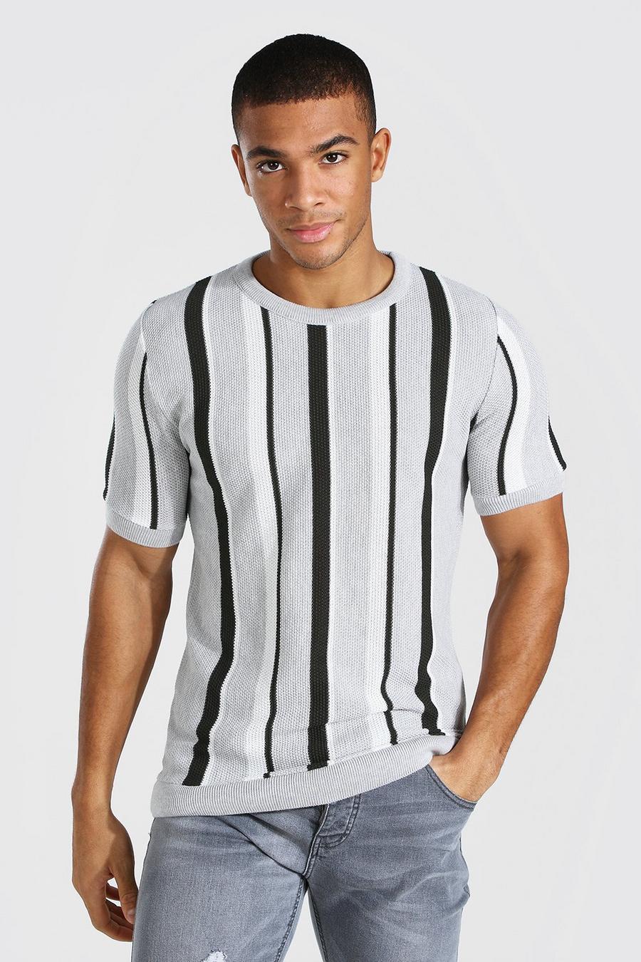 Grey Regualr Fit Vertical Stripe Knitted T-Shirt image number 1