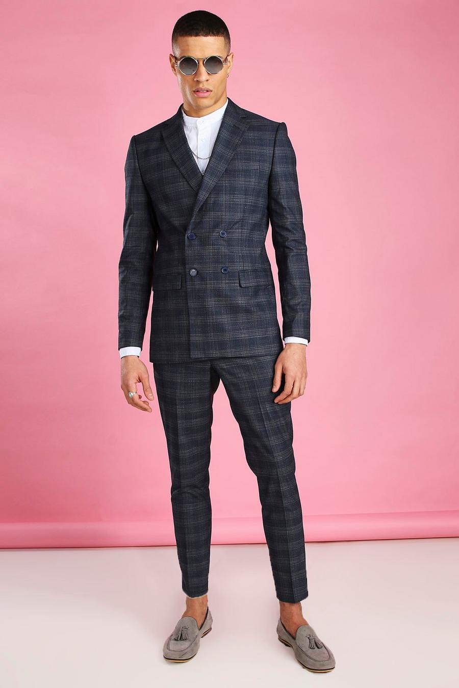 Navy Skinny Tonal Check Double Breasted Suit Jacket image number 1