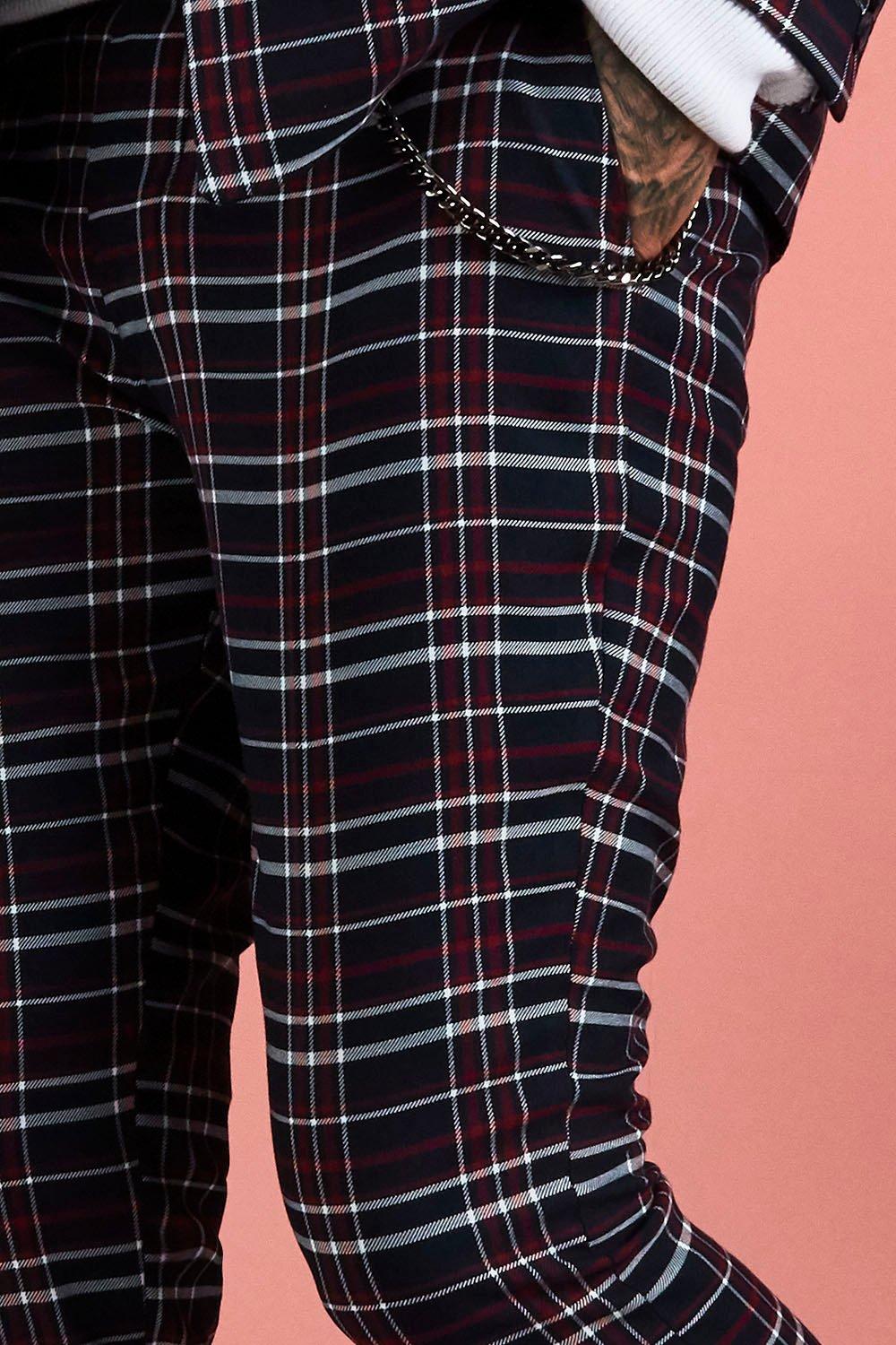 Plaid Skinny Fit Cropped Suit Pants With Chain