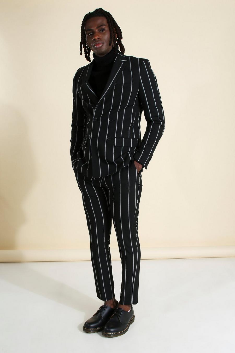 Skinny-Fit Anzugjacke mit breiten Streifen, Schwarz image number 1