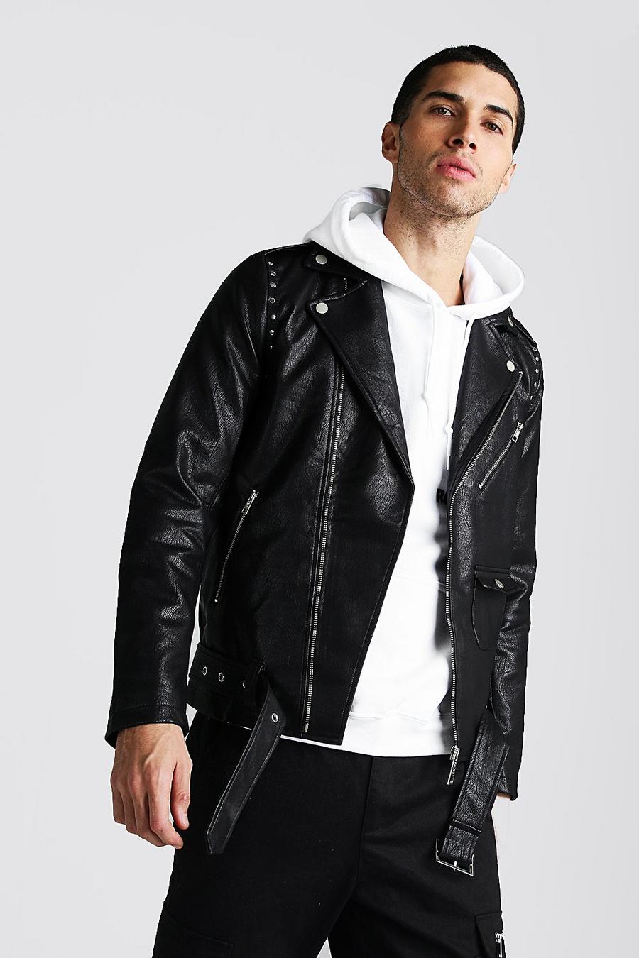 Black Faux Leather Biker Jacket With Studs image number 1