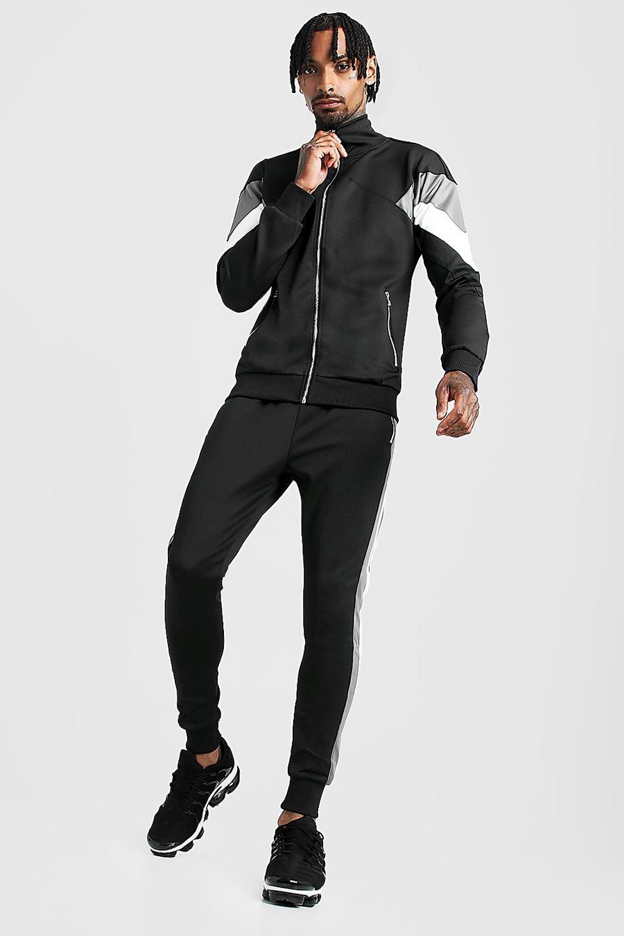 Men's Tricot Contrast Panel Funnel Neck Tracksuit | boohoo