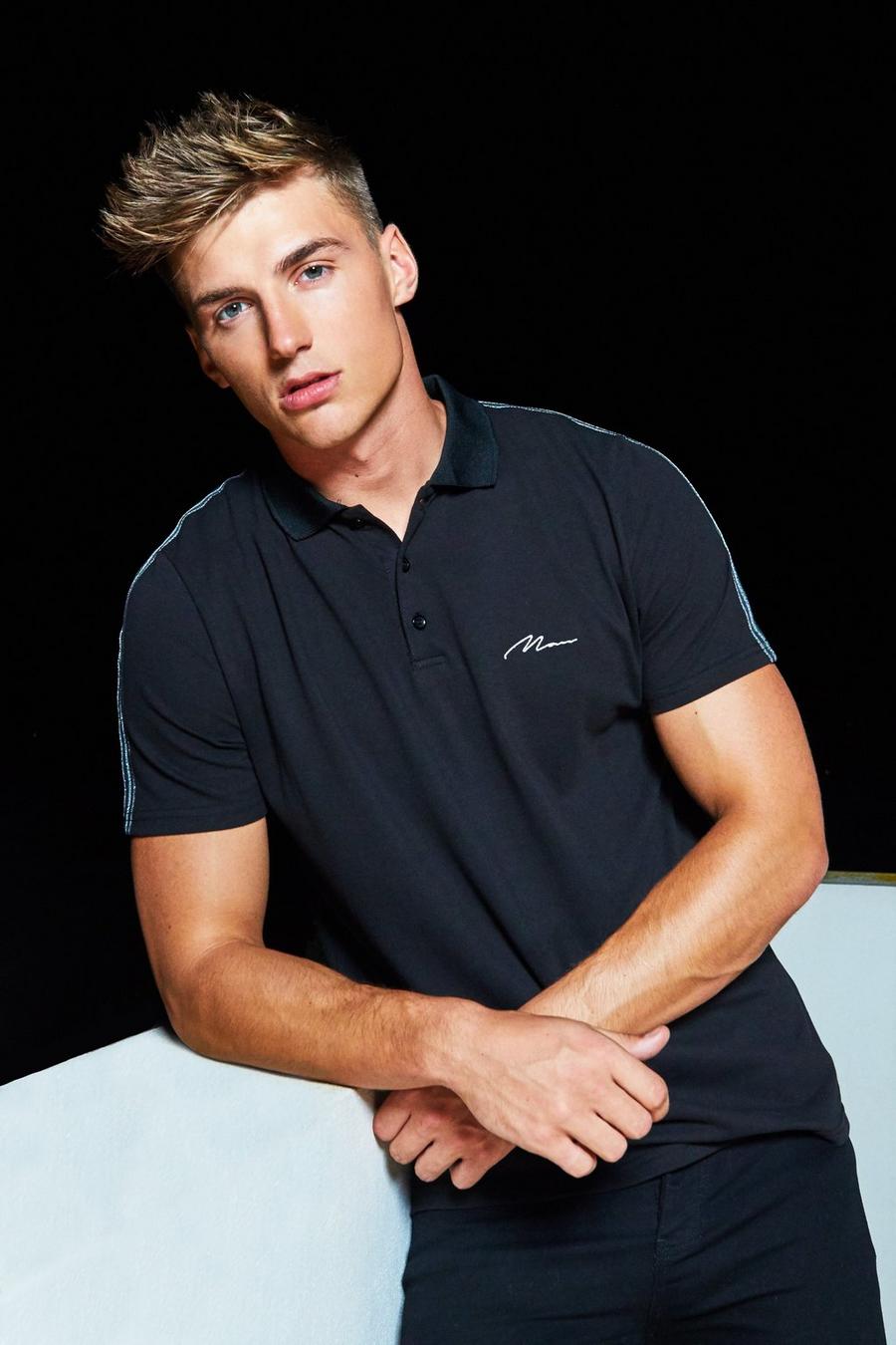 Black Pique MAN Signature Polo With Silver Metallic Tape image number 1