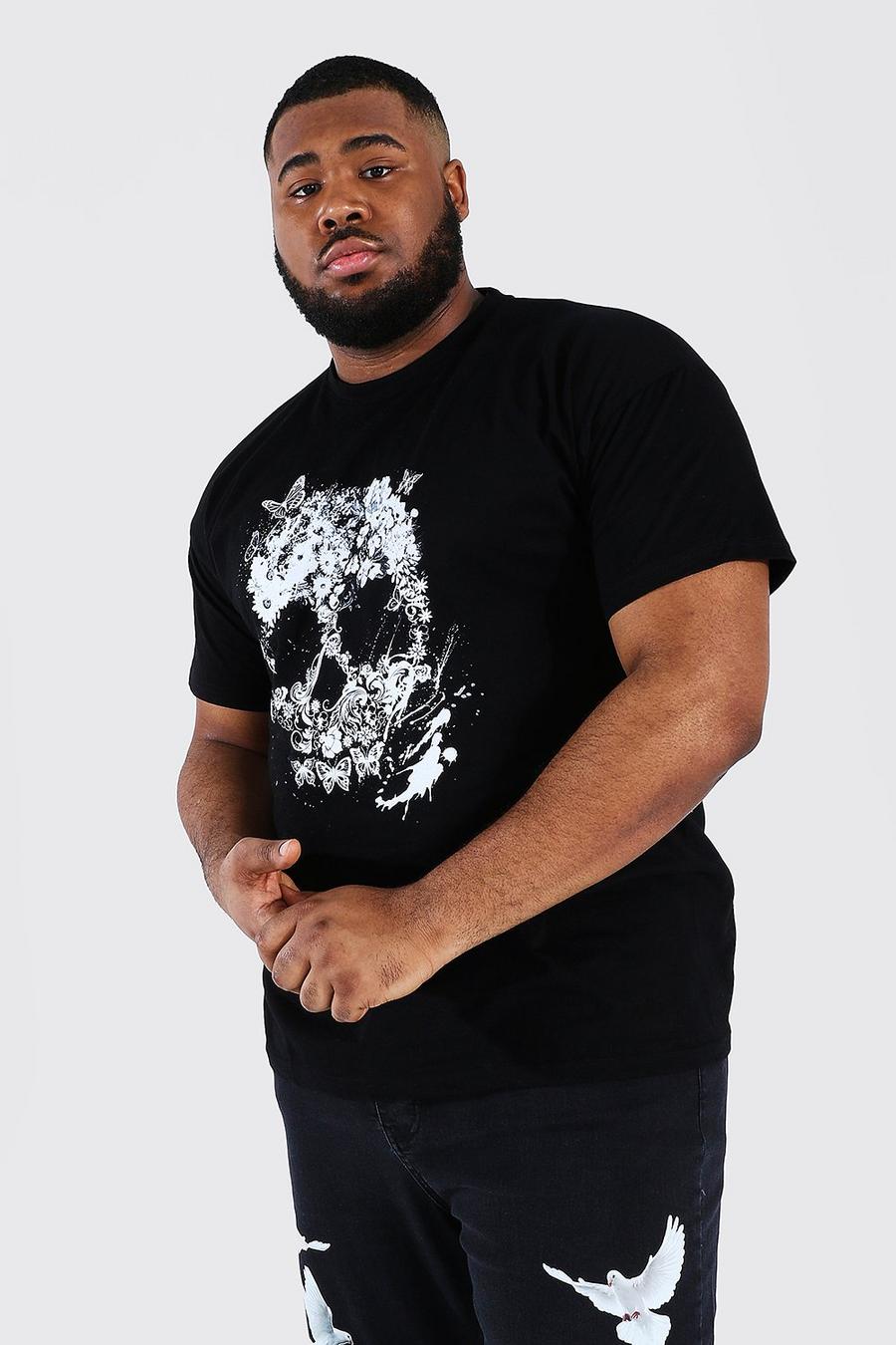 Black Plus Size Bloemenprint T-Shirt Met Schedel image number 1