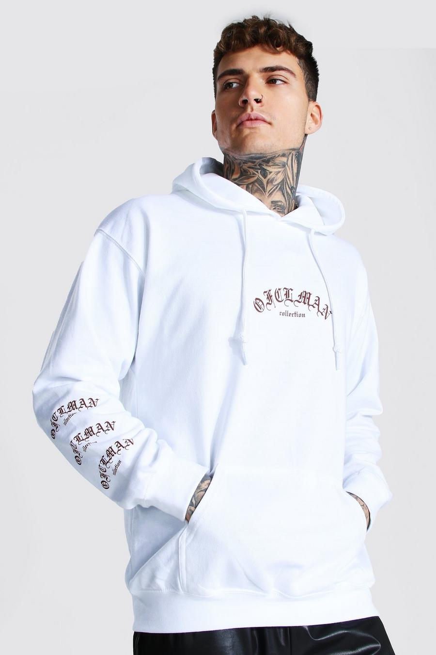 White Official MAN Oversize hoodie med tryck i gotisk stil image number 1