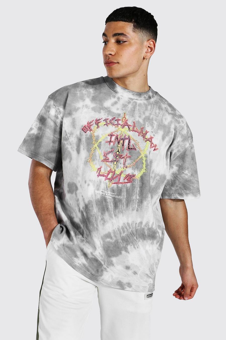 Grey Oversized Extended Neck Tie Dye Printed T-shirt image number 1
