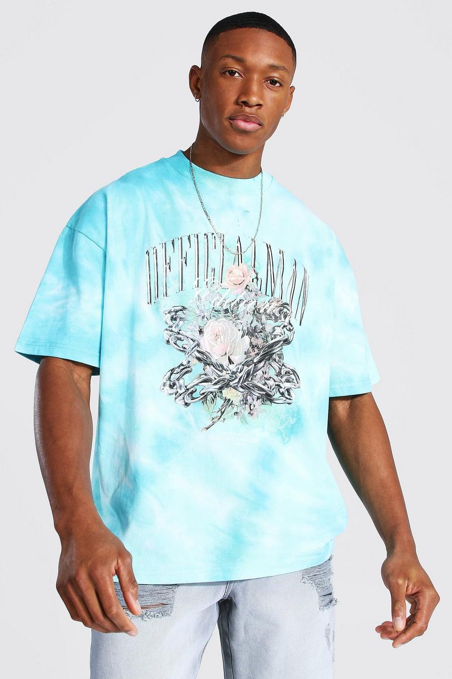 Blue Oversized Heavyweight Tie Dye Graphic T-Shirt image number 1