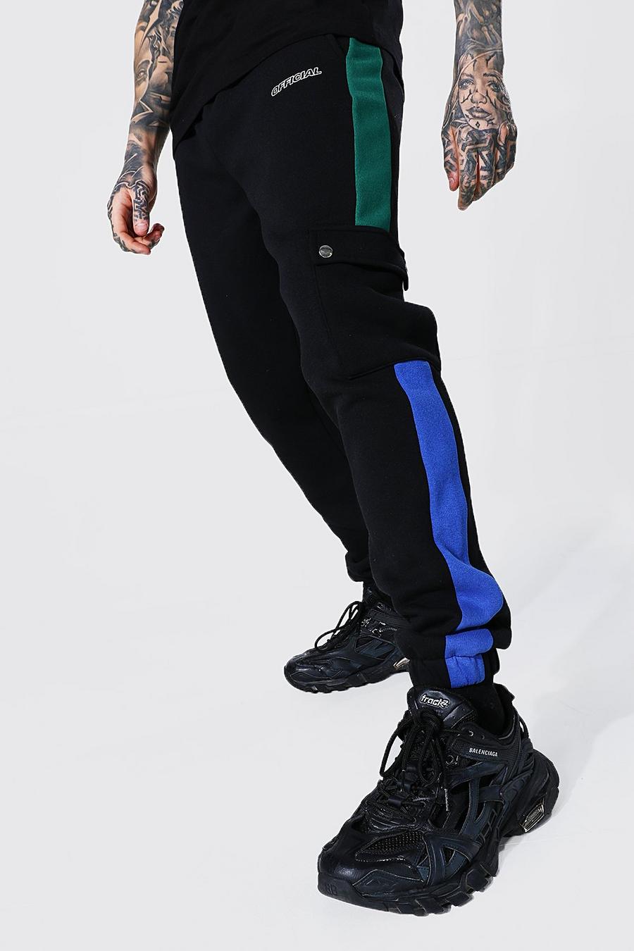 Pantaloni tuta cargo slim a blocchi di colore con scritta Official, Verde image number 1