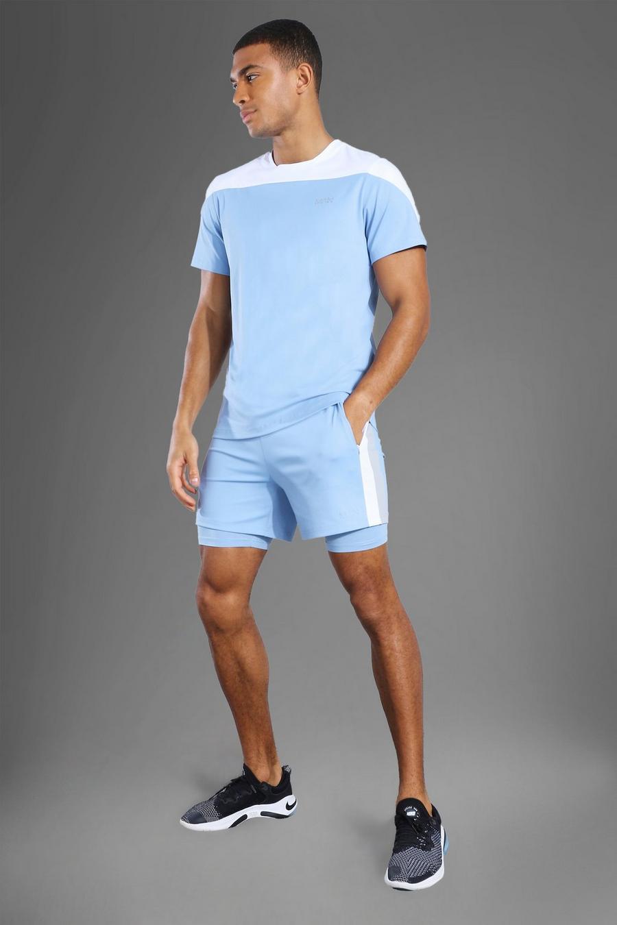 Dusty blue MAN Active Set med shorts och dragkedjeförsedda fickor image number 1