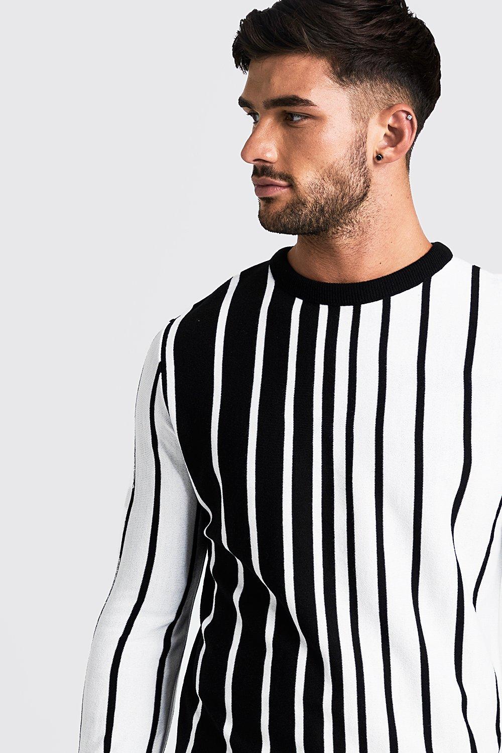 Men s Long Sleeve Vertical Stripe Knitted Sweater boohoo