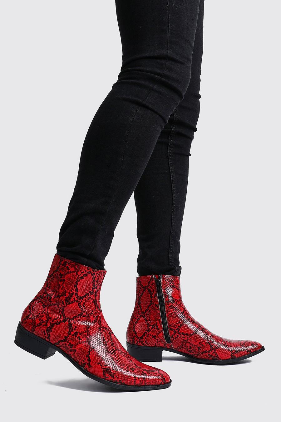 Chelsea-Boots in Schlangenhaut-Optik im Cuban-Stil, Rot image number 1
