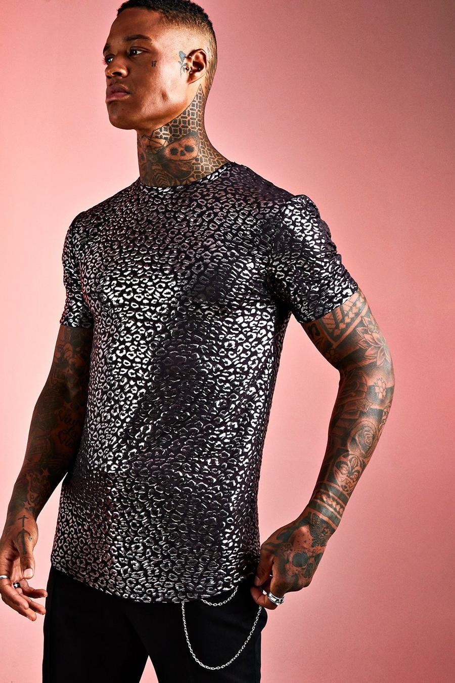Black Silver Leopard Print Muscle Fit T-Shirt image number 1