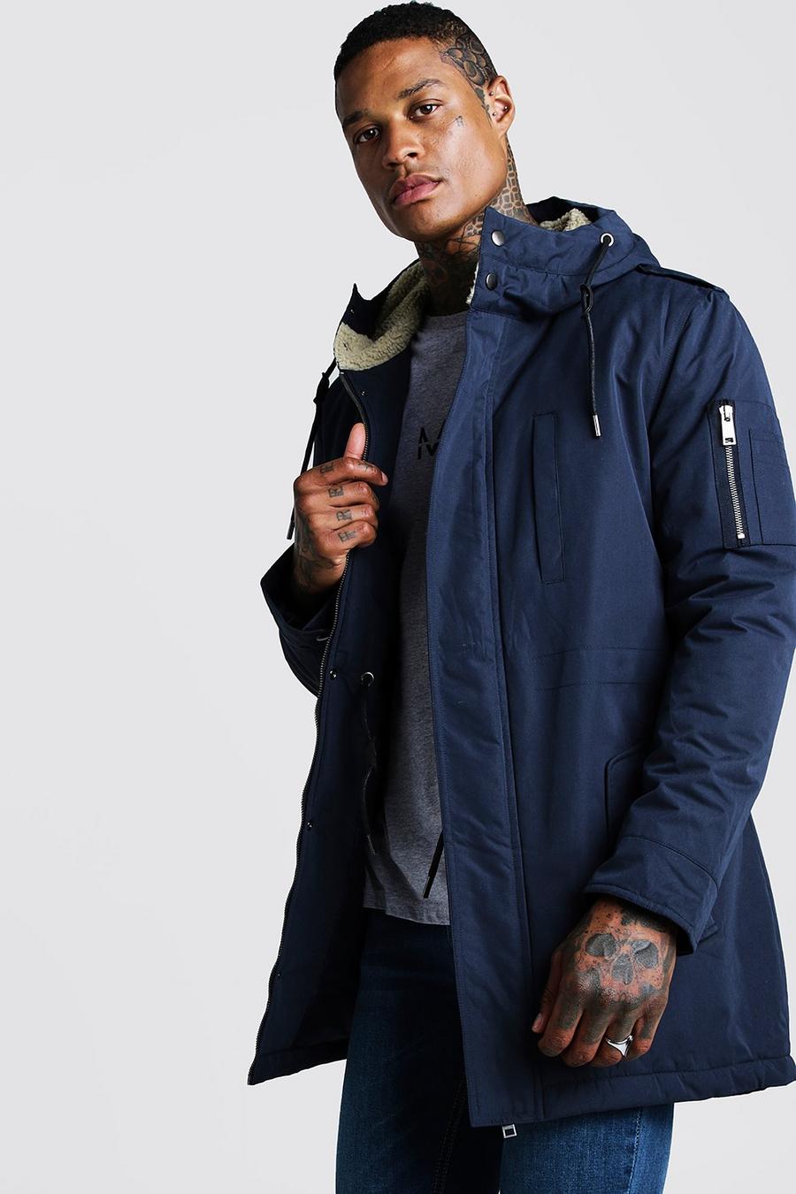Navy Parka Coat With Borg Lined Hood image number 1