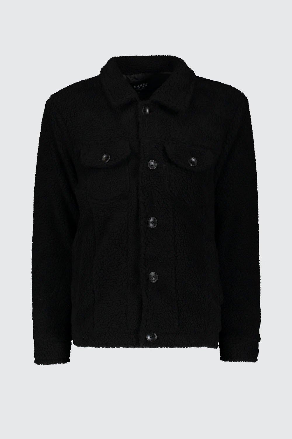 Black colour block shop borg trucker jacket