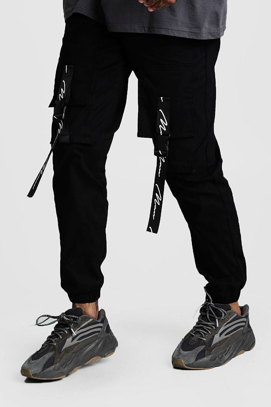 Black MAN Branded Strap Cargo Pocket Trousers image number 1