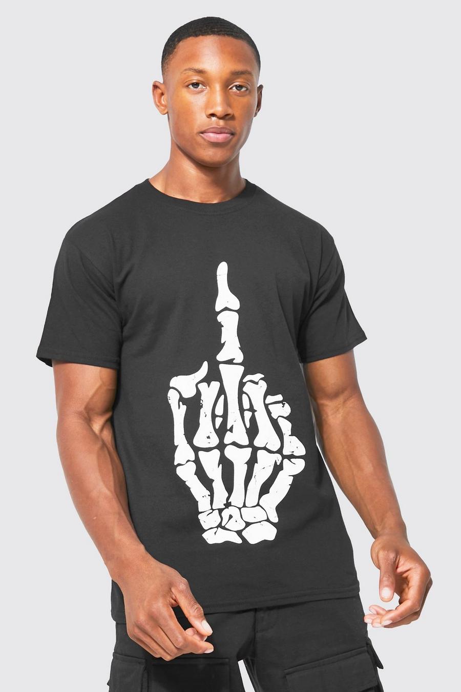 Halloween T-Shirt mit Skelett-Mittelfinger, Schwarz image number 1