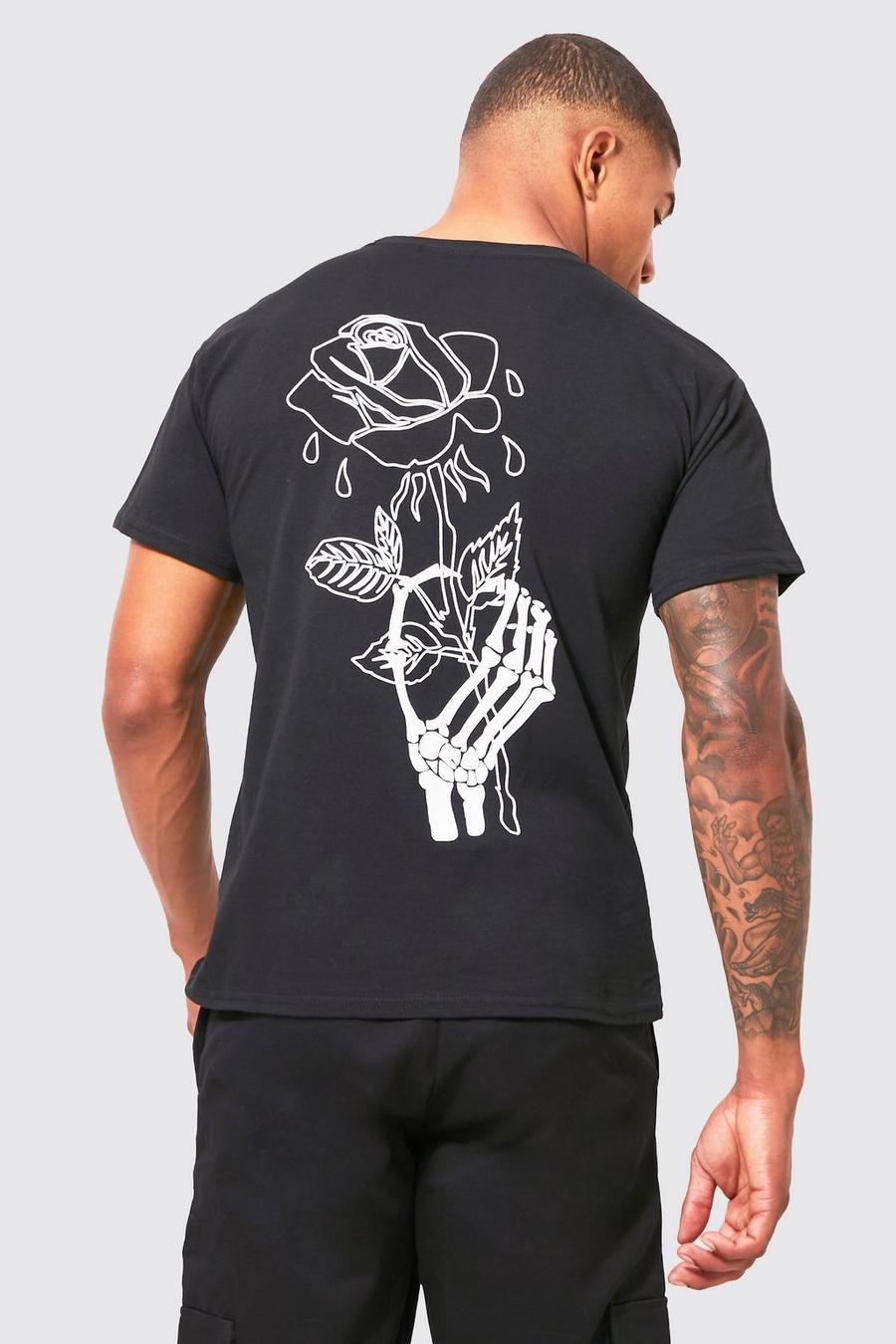 Black Halloween Skeleton Hand With Rose Print T-Shirt image number 1