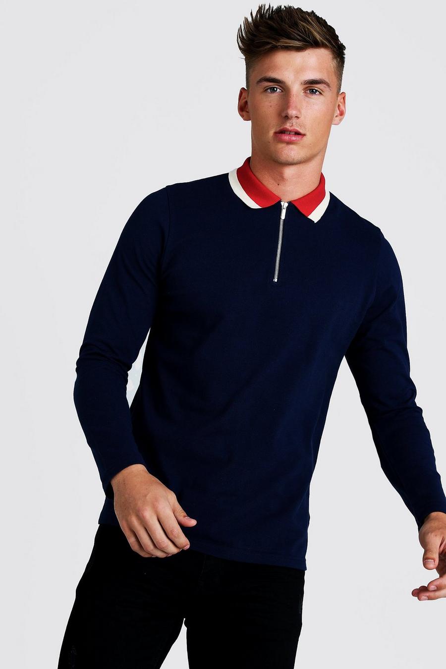 Navy Long Sleeve Zip Polo With Contrast Collar image number 1