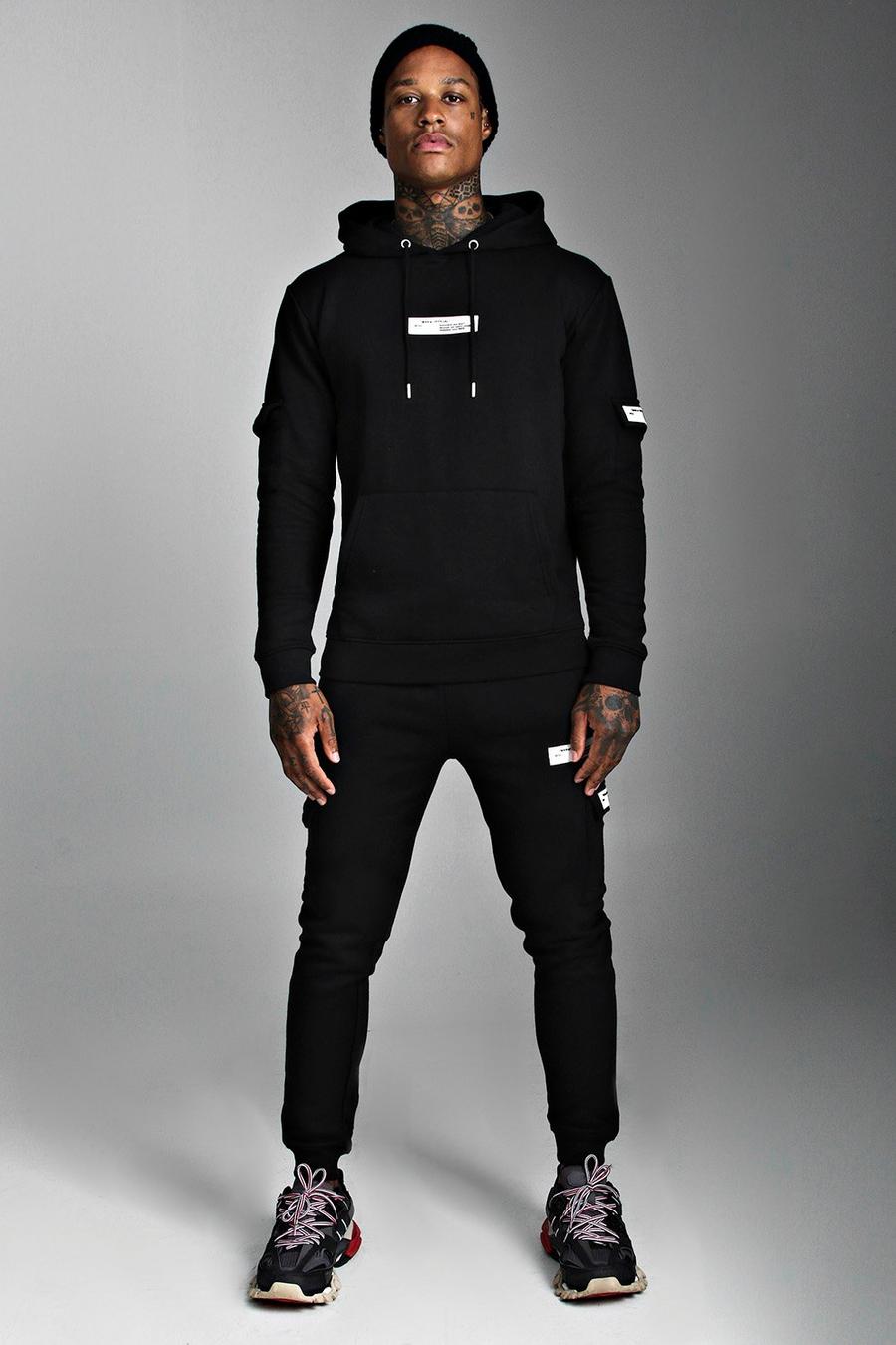Black MAN Official Hooded Cargo Tracksuit With Badge image number 1