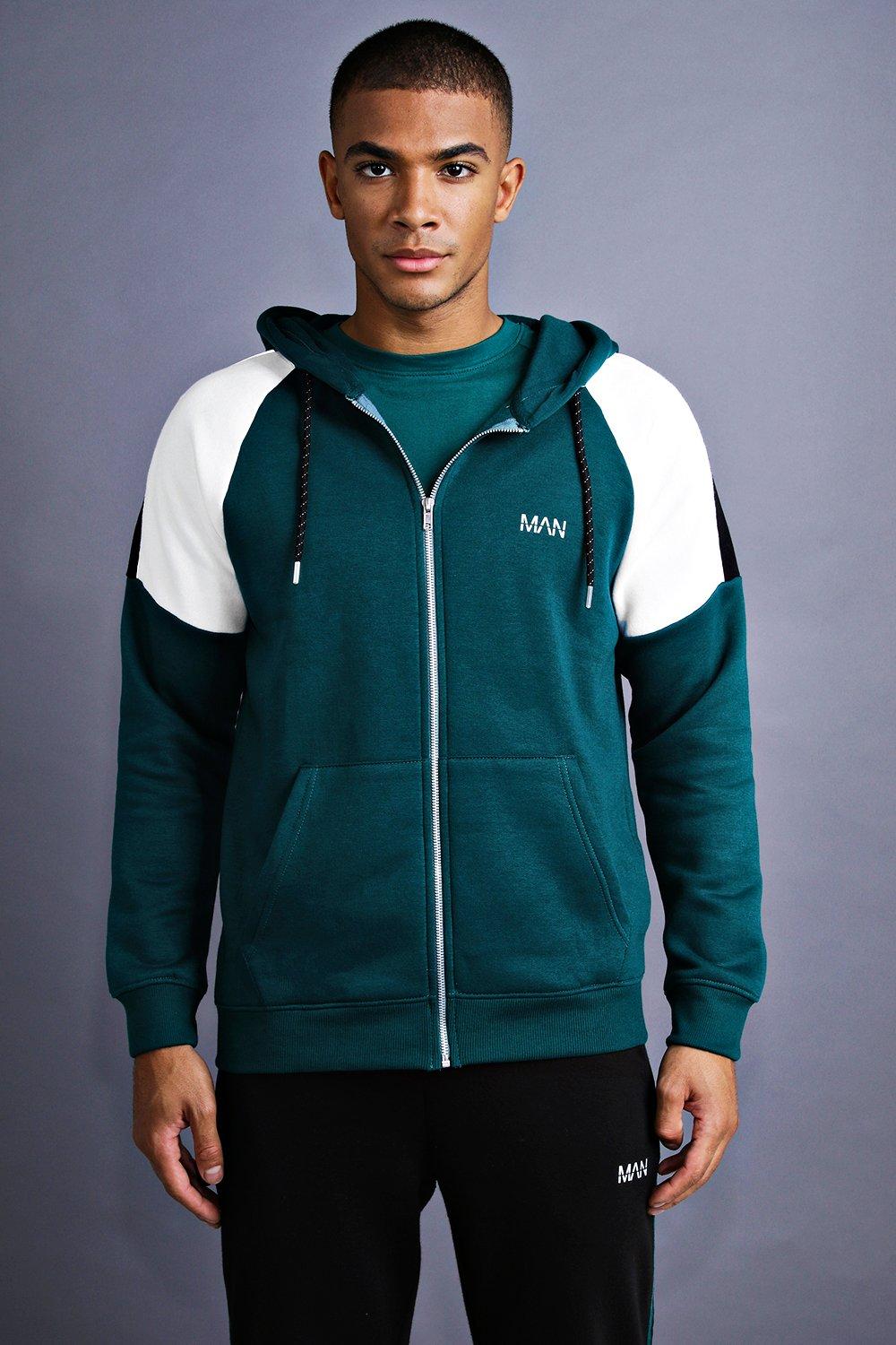 Mens panel raglan zip up hoodie sale