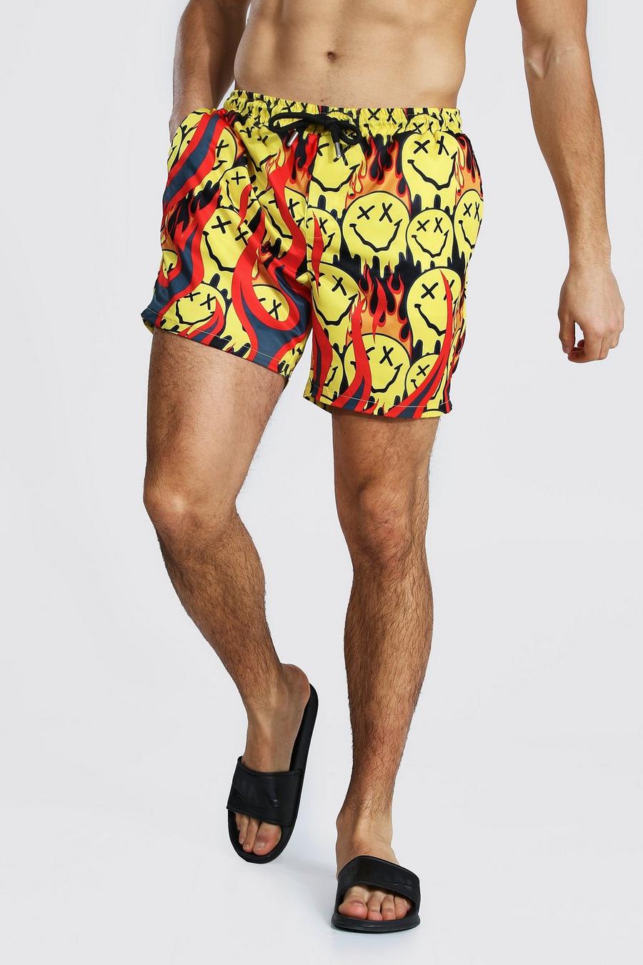 Yellow Mid Length Flame Printed Swim Short image number 1