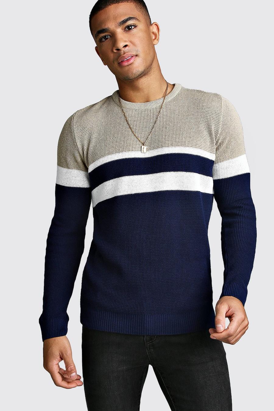 Navy Muscle Fit Ribbed Colour Block Sweater image number 1