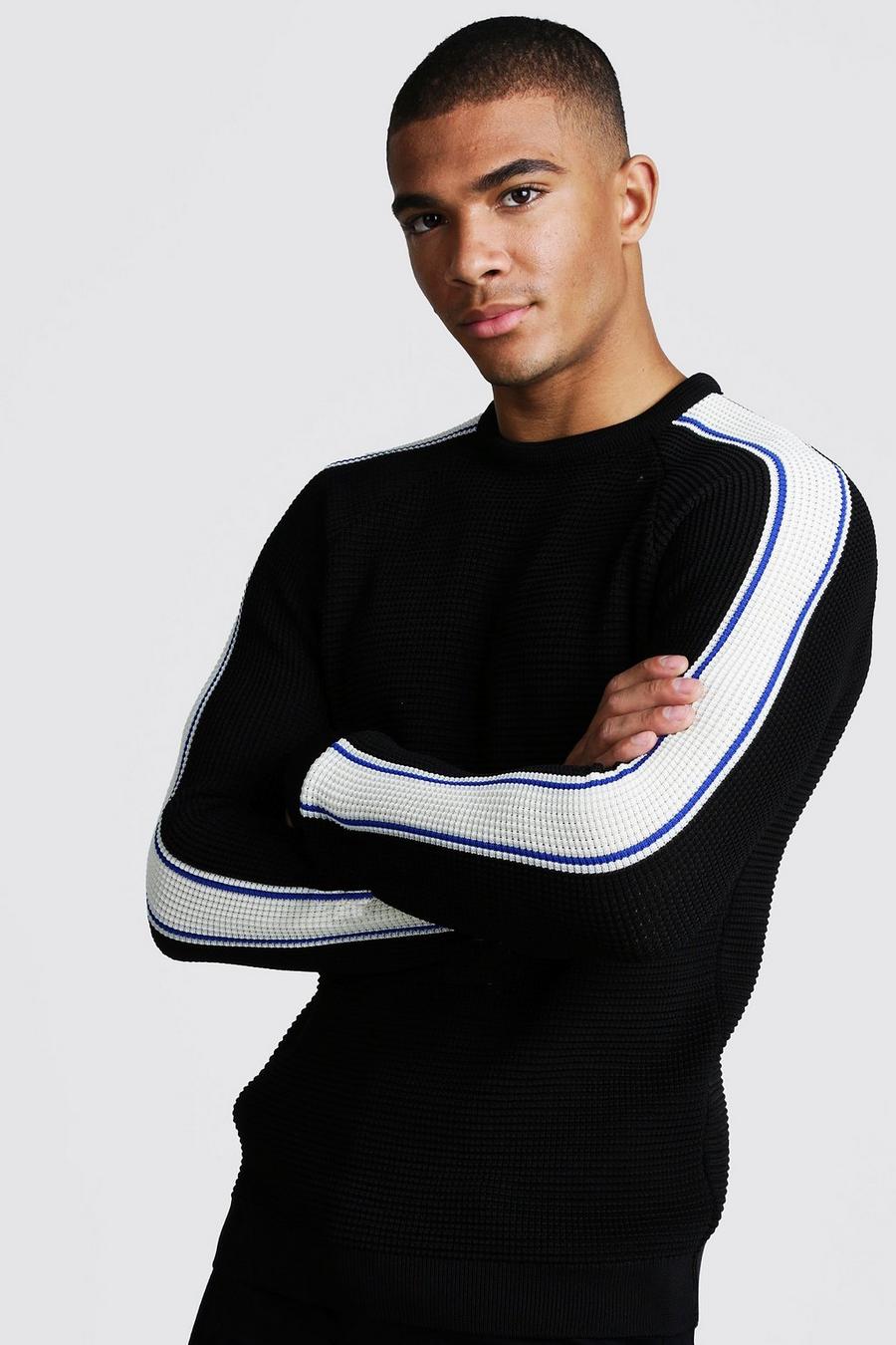 Black schwarz Long Sleeve Muscle Fit Knitted Side Stripe Jumper image number 1