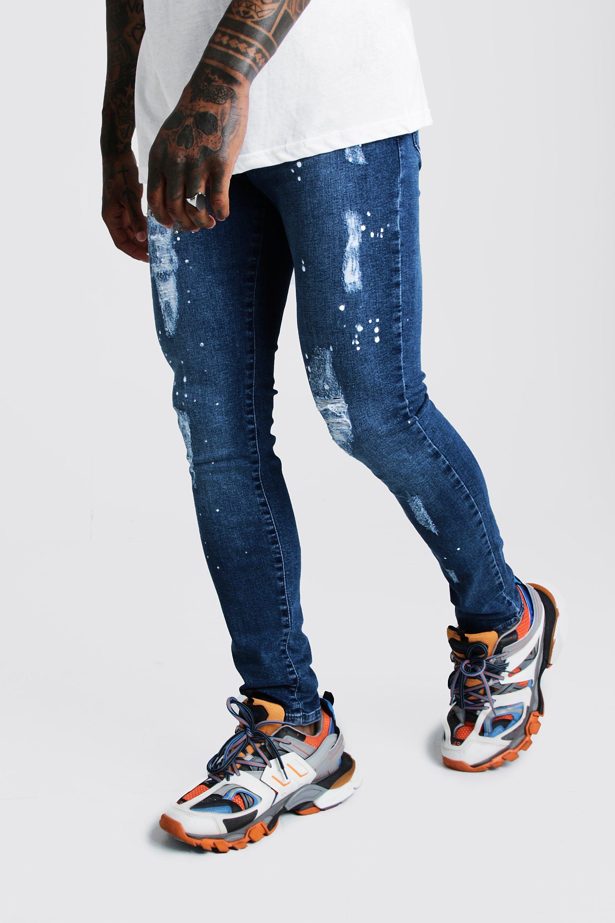 distressed paint splatter jeans