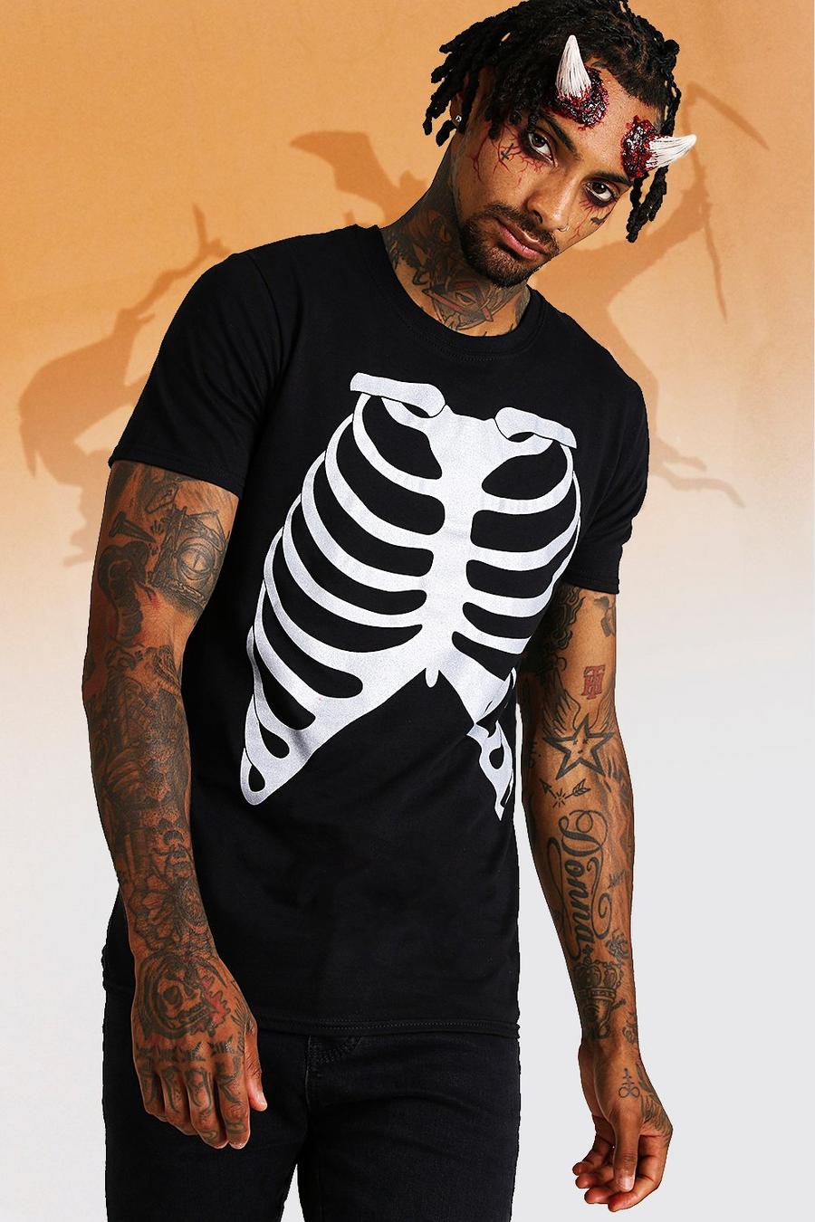 Halloween-T-Shirt mit Skelett-Knochen-Print im Metallic-Look, Silber image number 1